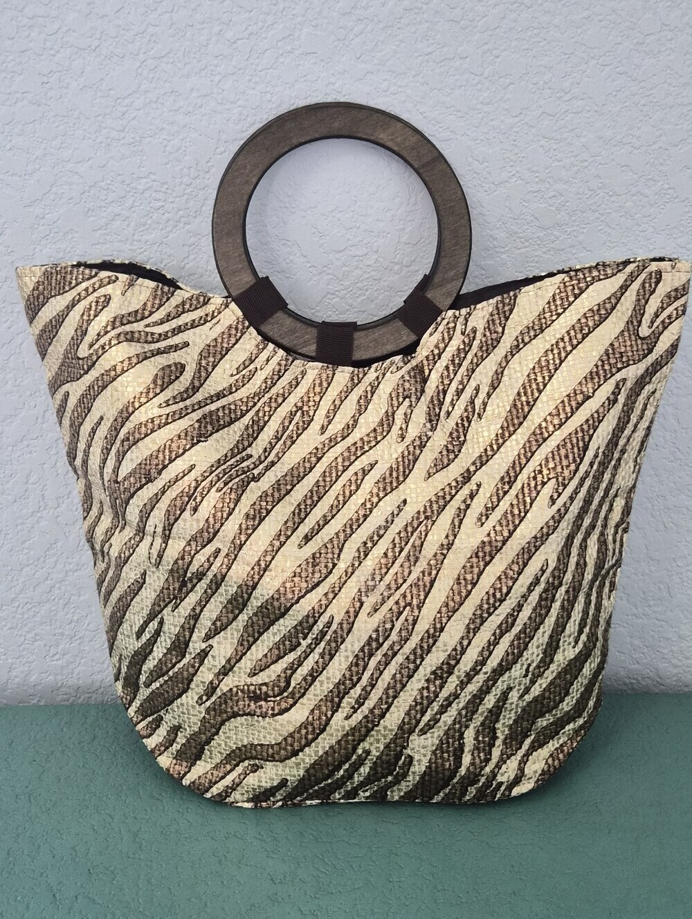 Zebra Print Paper Straw Tote Bag Wooden Handles Safari Boho Casual